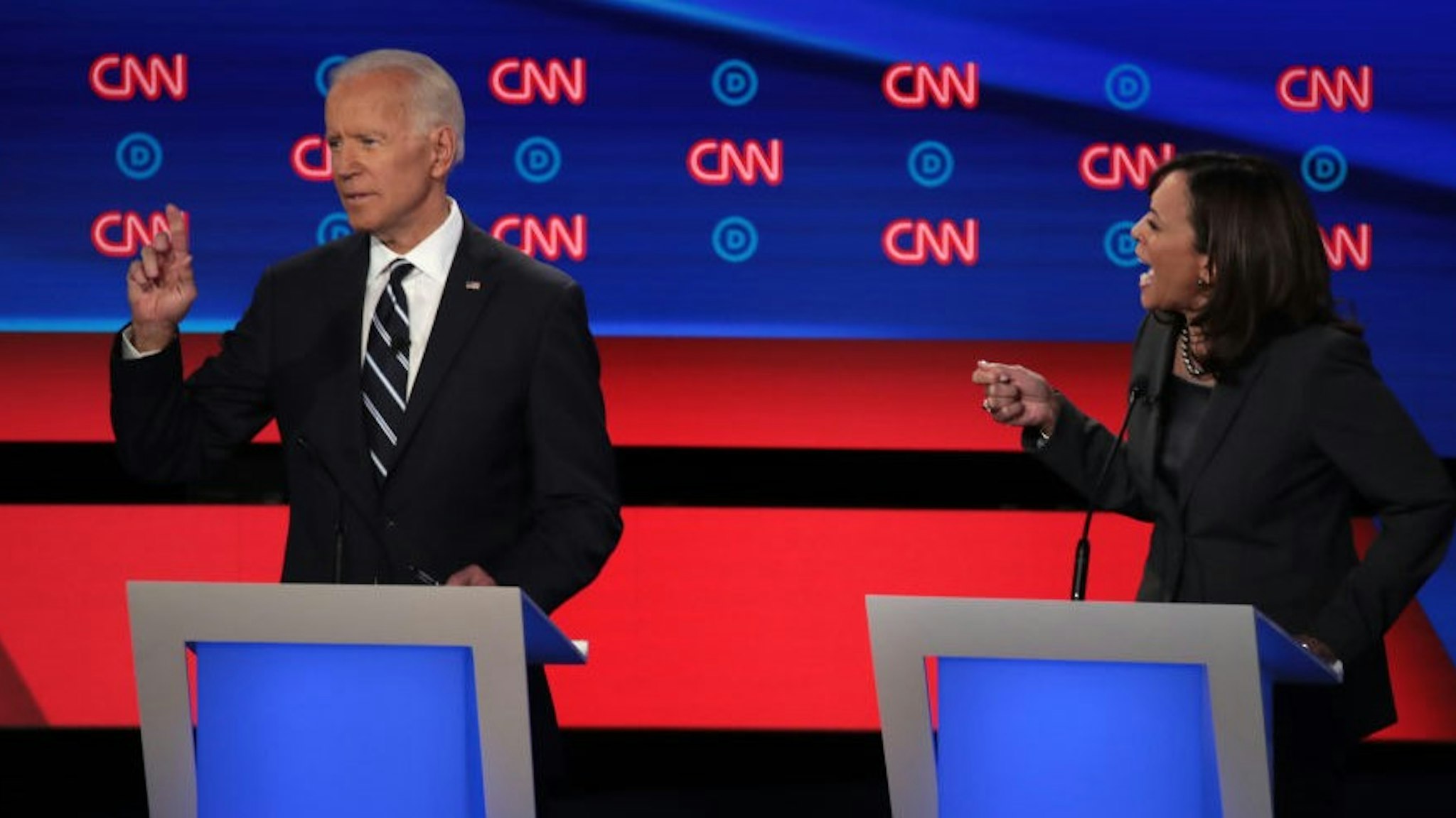 DETROIT, MICHIGAN - JULY 31: Democratic presidential candidate Sen. Kamala Harris (D-CA) (R) speaks while former Vice President Joe Biden listens during the Democratic Presidential Debate at the Fox Theatre July 31, 2019 in Detroit, Michigan. 20 Democratic presidential candidates were split into two groups of 10 to take part in the debate sponsored by CNN held over two nights at Detroit’s Fox Theatre. (Photo by