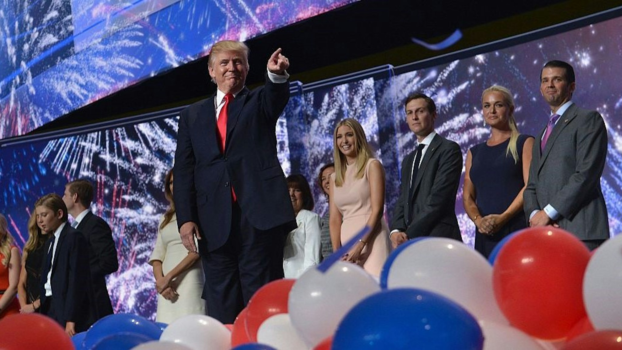 Republican Presidential candidate Donald Trump points at delegates after his acceptance speech during the 2016 Republican National Convention July 21, 2016 in Cleveland, Ohio. / AFP / Brendan Smialowski (Photo credit should read