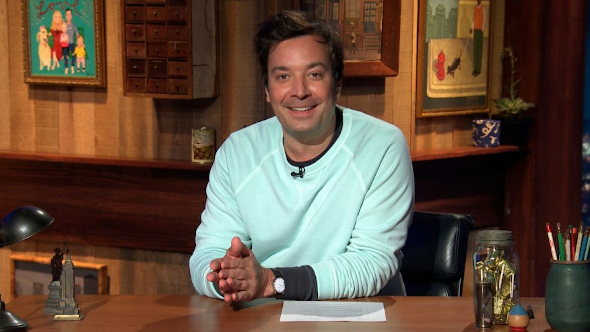 THE TONIGHT SHOW STARRING JIMMY FALLON -- Episode 1292A -- Pictured in this screengrab: Host Jimmy Fallon arrives at his desk on July 20, 2020 -- (Photo by: