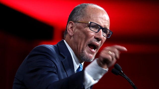 SAN FRANCISCO, CALIFORNIA - AUGUST 23: Democratic National Committee chairman Tom Perez speaks during the Democratic Presidential Committee (DNC) summer meeting on August 23, 2019 in San Francisco, California. Thirteen of the democratic presidential candidates are speaking at the DNC's summer meeting. (Photo by
