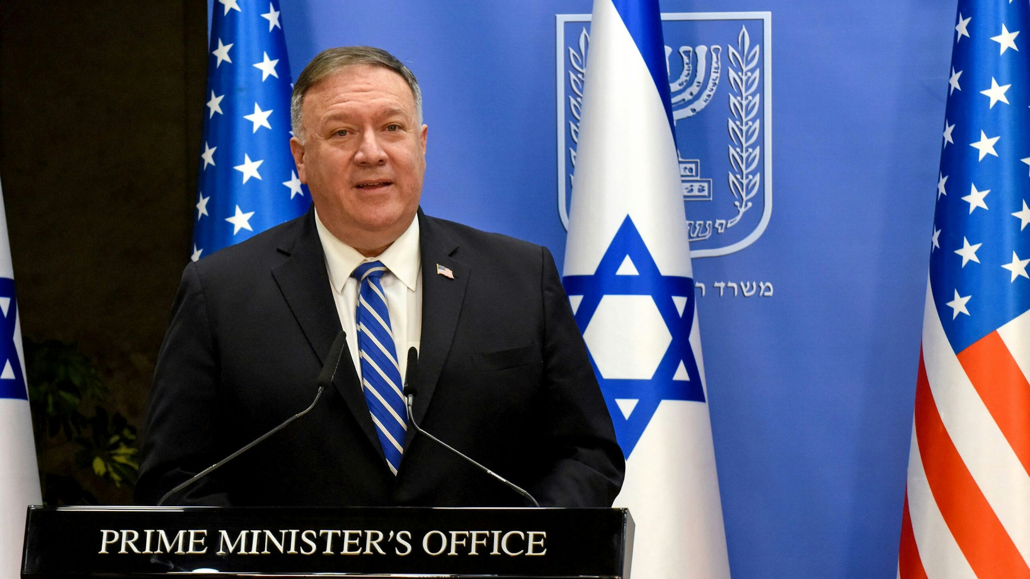 US Secretary of State Mike Pompeo speaks during a joint statement to the press with Israeli Prime Minister Benjamin Netanyahu (unseen) after meeting in Jerusalem, on August 24, 2020. - Pompeo arrived in Israel kicking off a five-day visit to the Middle East which will take him to Sudan, the United Arab Emirates, and Bahrain, focusing on Israel's normalising of ties with the UAE and pushing other Arab states to follow suit.