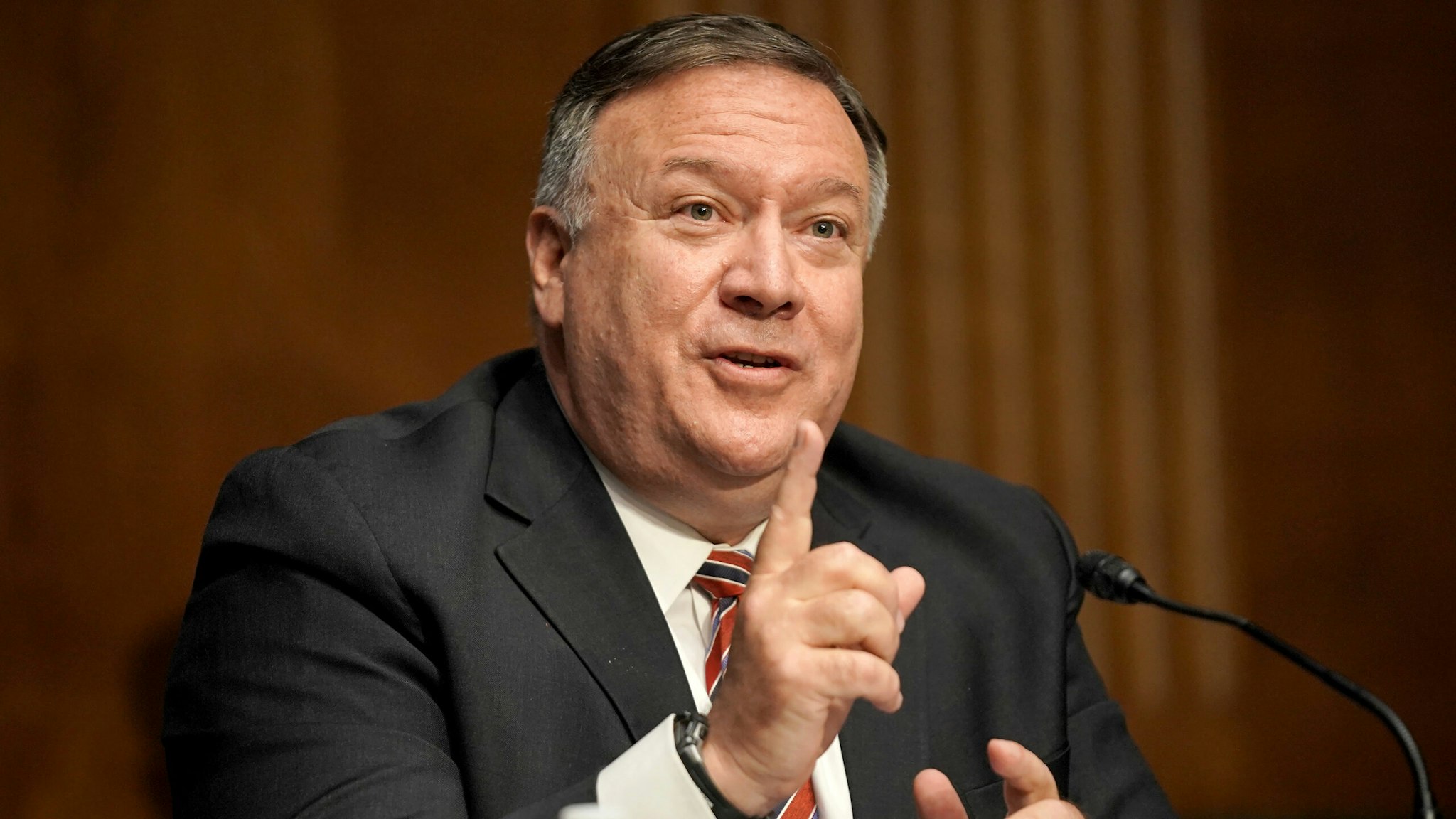 Mike Pompeo, U.S. secretary of state, speaks during a Senate Foreign Relations Committee hearing in Washington, D.C., U.S., on Thursday, July 30, 2020. Pompeo is testifying on the State Department's fiscal 2021 budget request.