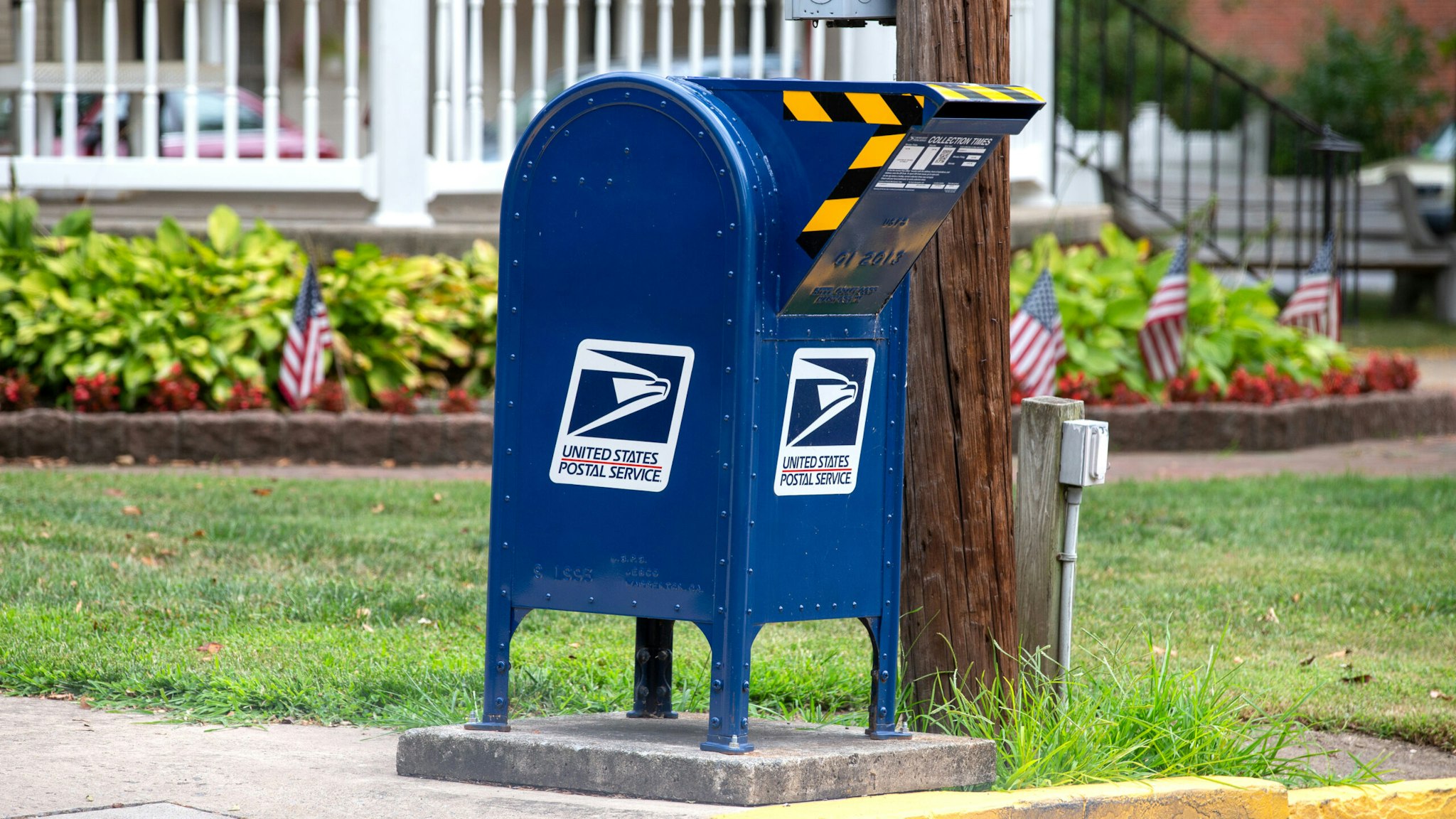 PENNSYLVANIA, UNITED STATES - 2020/08/15: A drive-up United States Postal Service (USPS) mailbox is in King Street Park in Northumberland, Pennsylvania. The USPS warned states in late July 2020 that it might not be able to deliver mail-in ballots in time to be counted.