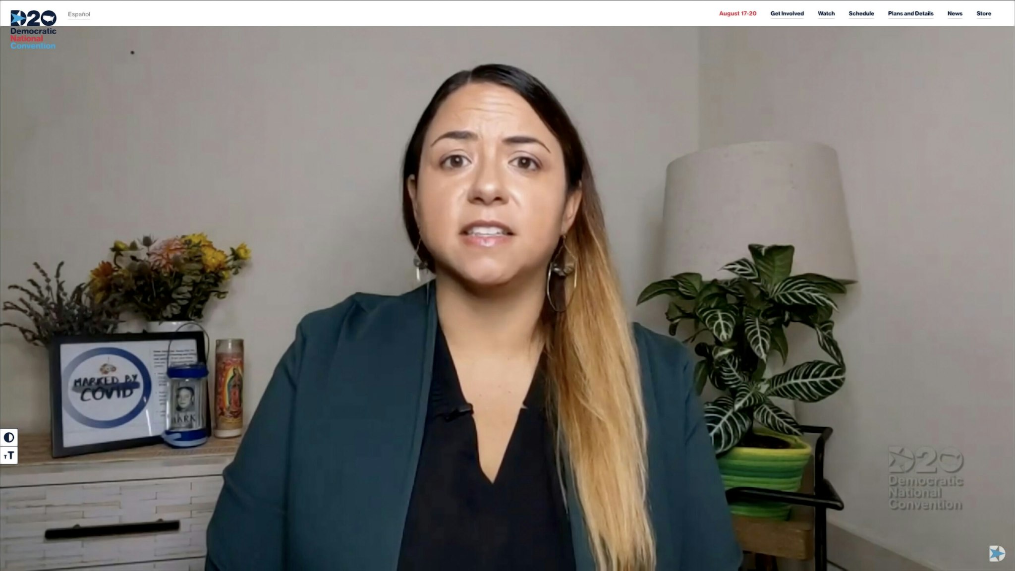 In this screenshot from the DNCC’s livestream of the 2020 Democratic National Convention, Kristin Urquiza, whose father died of coronavirus, addresses the virtual convention on August 17, 2020. The convention, which was once expected to draw 50,000 people to Milwaukee, Wisconsin, is now taking place virtually due to the coronavirus pandemic.
