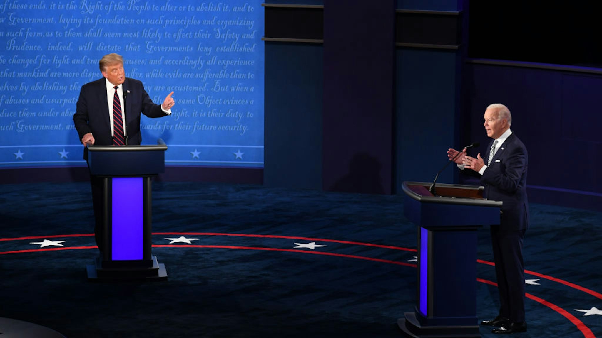 Joe Biden, 2020 Democratic presidential nominee, right, and U.S. President Donald Trump speak during the first U.S. presidential debate hosted by Case Western Reserve University and the Cleveland Clinic in Cleveland, Ohio, U.S., on Tuesday, Sept. 29, 2020. Trump and Biden kick off their first debate with contentious topics like the Supreme Court and the coronavirus pandemic suddenly joined by yet another potentially explosive question -- whether the president ducked paying his taxes. Photographer: Kevin Dietsch/UPI/Bloomberg via Getty Images