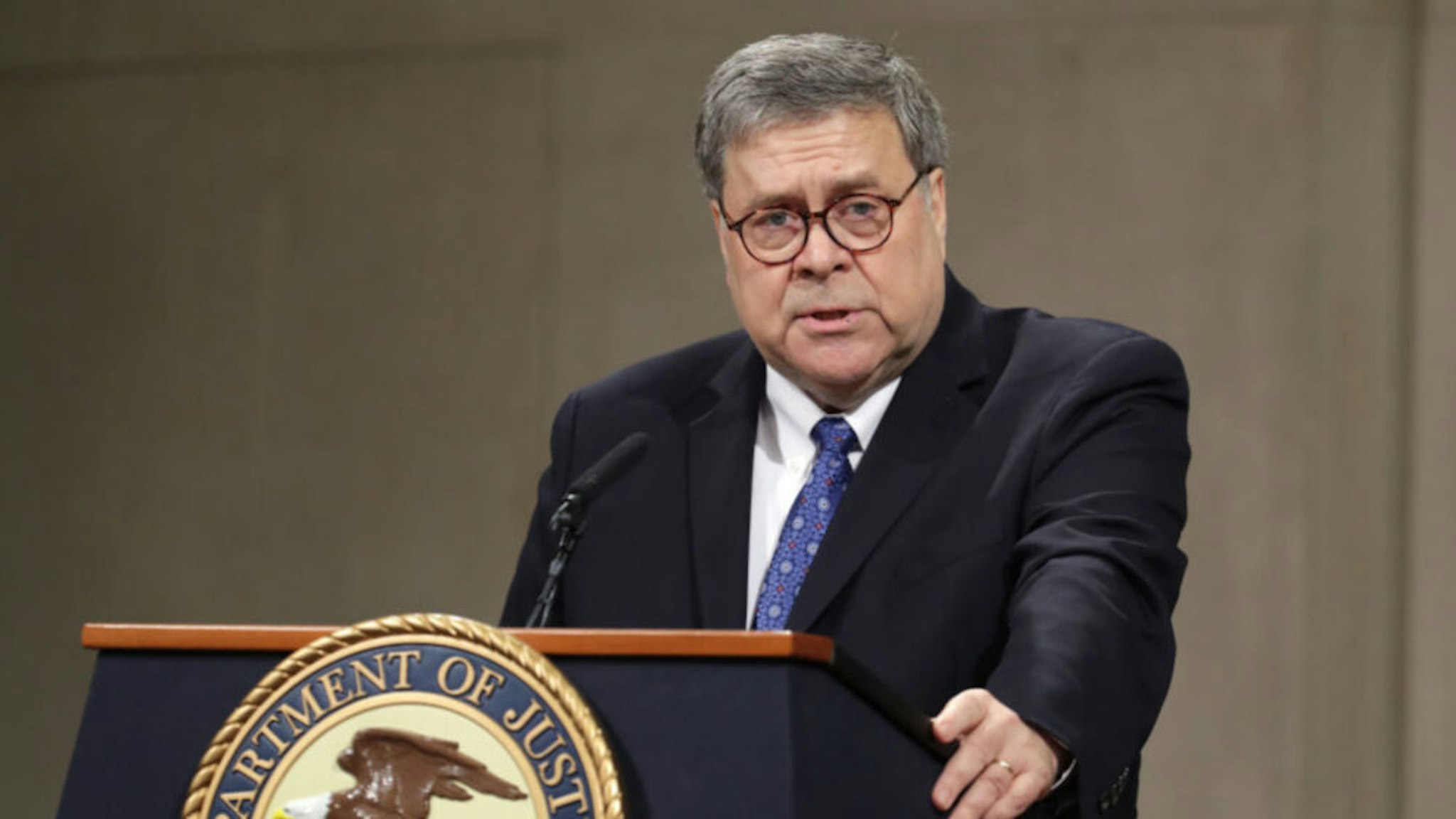 U.S. Attorney General William Barr delivers remarks during a farewell ceremony for Deputy Attorney General Rod Rosenstein at the Robert F. Kennedy Main Justice Building May 09, 2019 in Washington, DC.