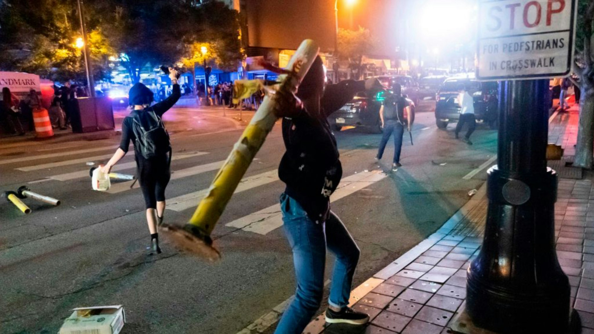 Protesters face off with police during rioting and protests in Atlanta on May 29, 2020.