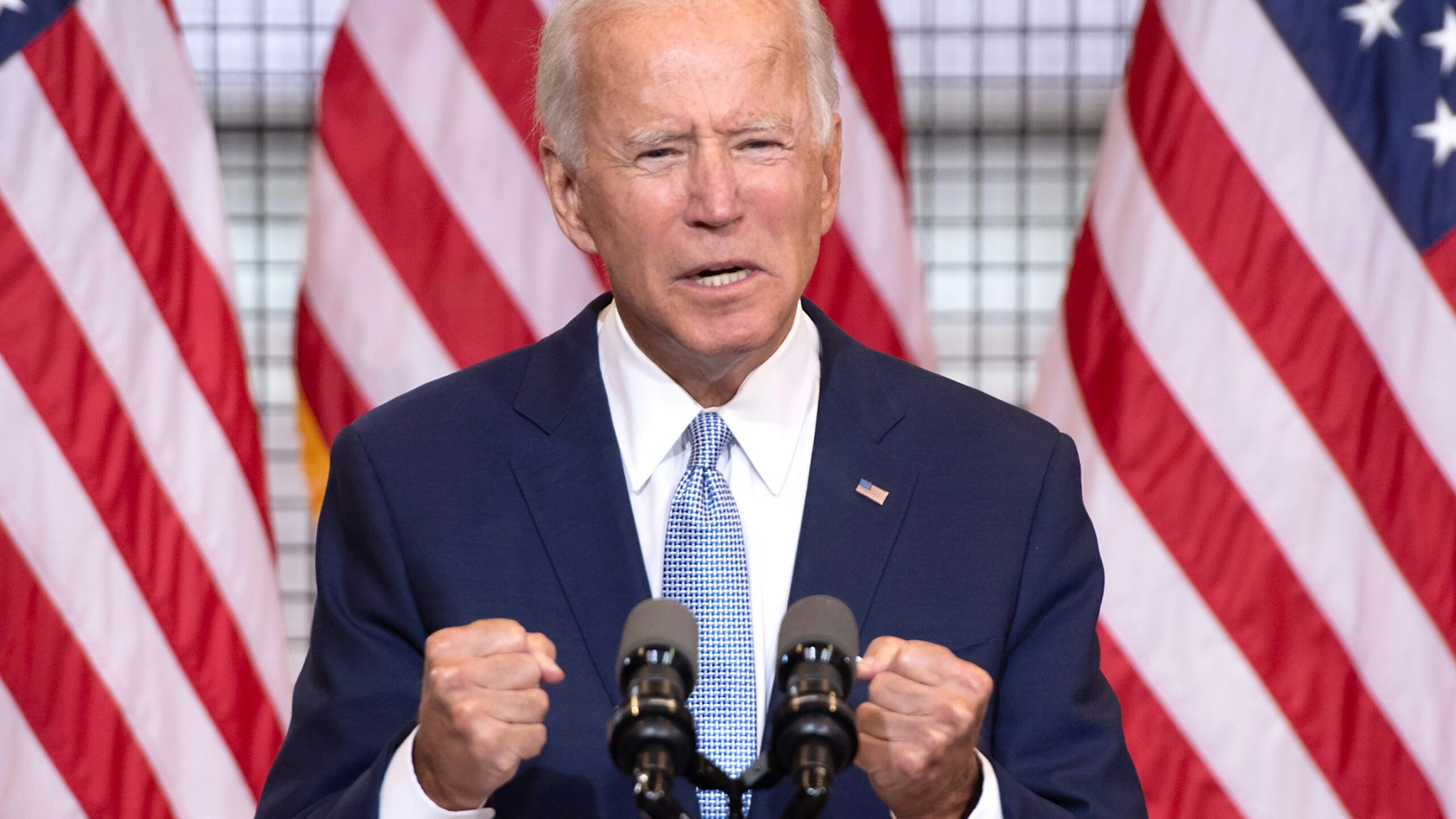TOPSHOT - Democratic presidential nominee former US Vice President Joe Biden speaks during a campaign event at Mill 19 in Pittsburgh, Pennsylvania, August 31, 2020.