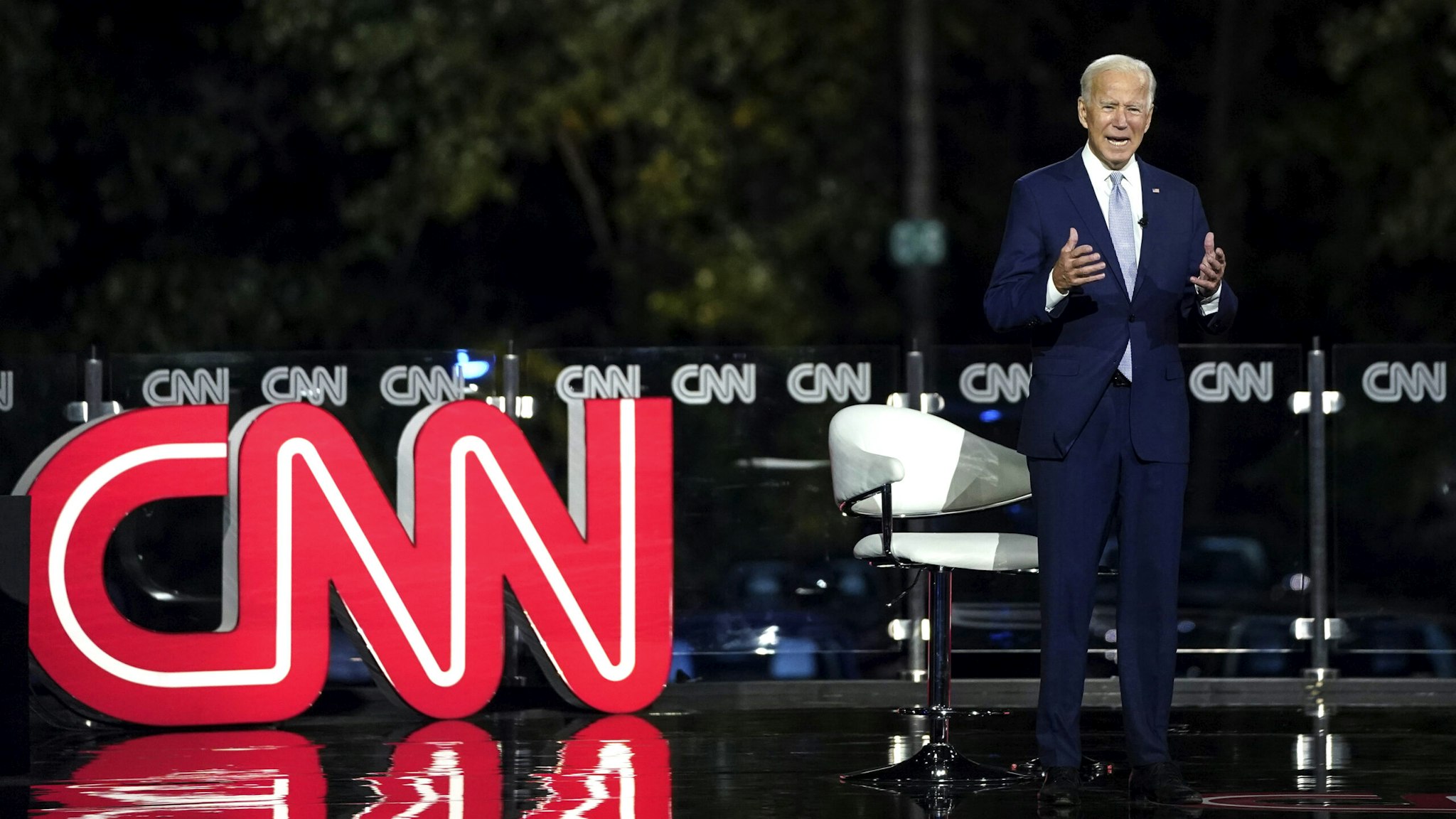MOOSIC, PA - SEPTEMBER 17: Democratic presidential nominee and former Vice President Joe Biden participates in a CNN town hall event on September 17, 2020 in Moosic, Pennsylvania. Due to the coronavirus, the event is being held outside with audience members in their cars. Biden grew up nearby in Scranton, Pennsylvania.