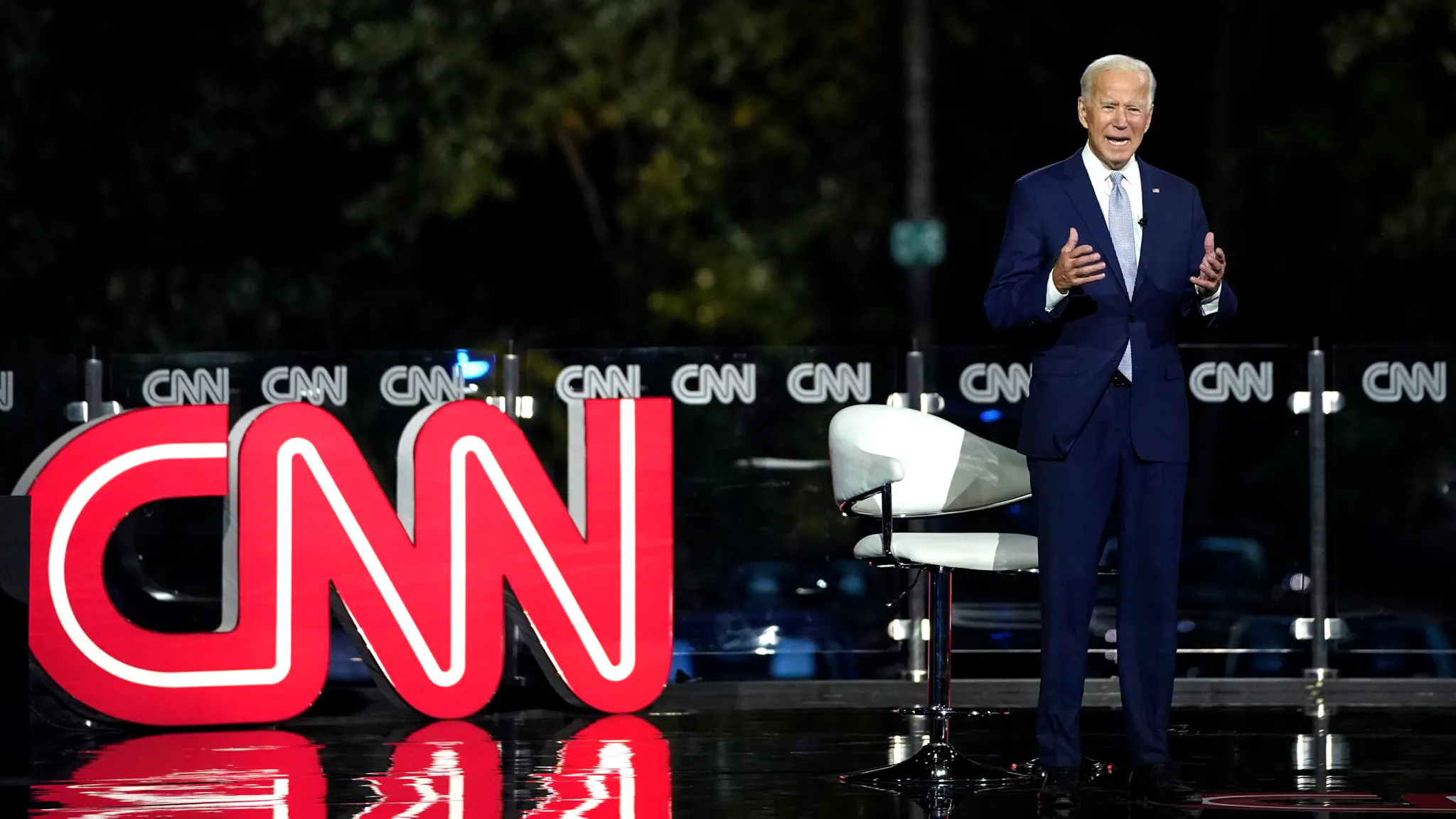 Presidential Candidate Joe Biden Participates In CNN Town Hall MOOSIC, PA - SEPTEMBER 17: Democratic presidential nominee and former Vice President Joe Biden participates in a CNN town hall event on September 17, 2020 in Moosic, Pennsylvania. Due to the coronavirus, the event is being held outside with audience members in their cars. Biden grew up nearby in Scranton, Pennsylvania.