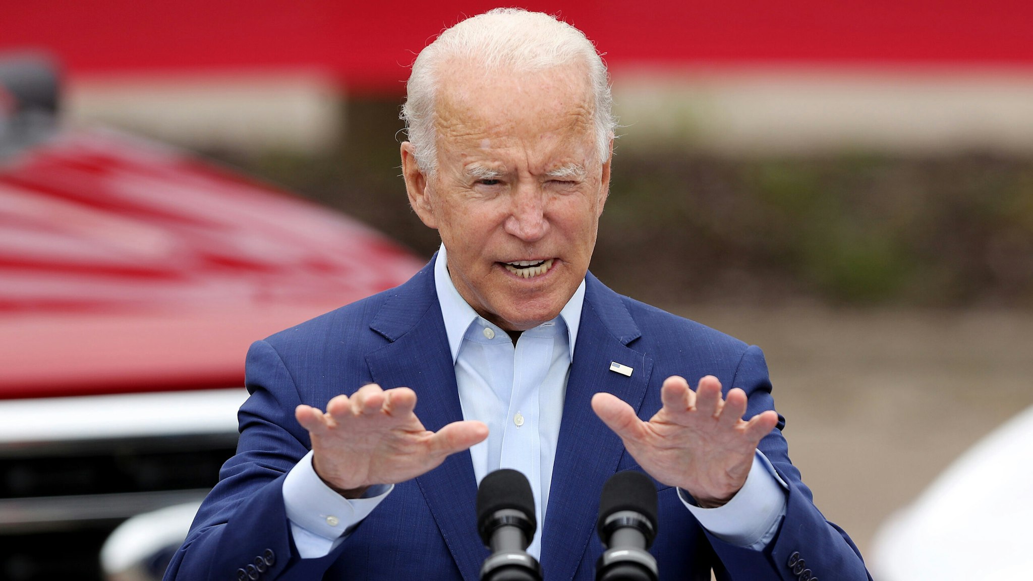 WARREN, MICHIGAN - SEPTEMBER 09: Democratic presidential nominee and former Vice President Joe Biden delivers remarks in the parking lot outside the United Auto Workers Region 1 offices on September 09, 2020 in Warren, Michigan. Biden is campaigning in Michigan, a state President Donald Trump won in 2016 by less than 11,000 votes, the narrowest margin of victory in state's presidential election history.