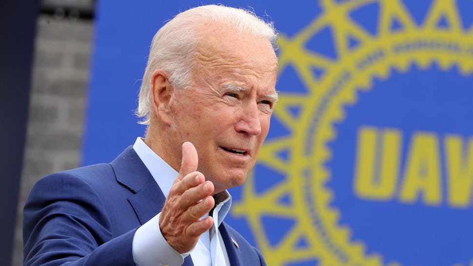 WARREN, MICHIGAN - SEPTEMBER 09: Democratic presidential nominee and former Vice President Joe Biden delivers remarks in the parking lot outside the United Auto Workers Region 1 offices on September 09, 2020 in Warren, Michigan. Biden is campaigning in Michigan, a state President Donald Trump won in 2016 by less than 11,000 votes, the narrowest margin of victory in state's presidential election history.