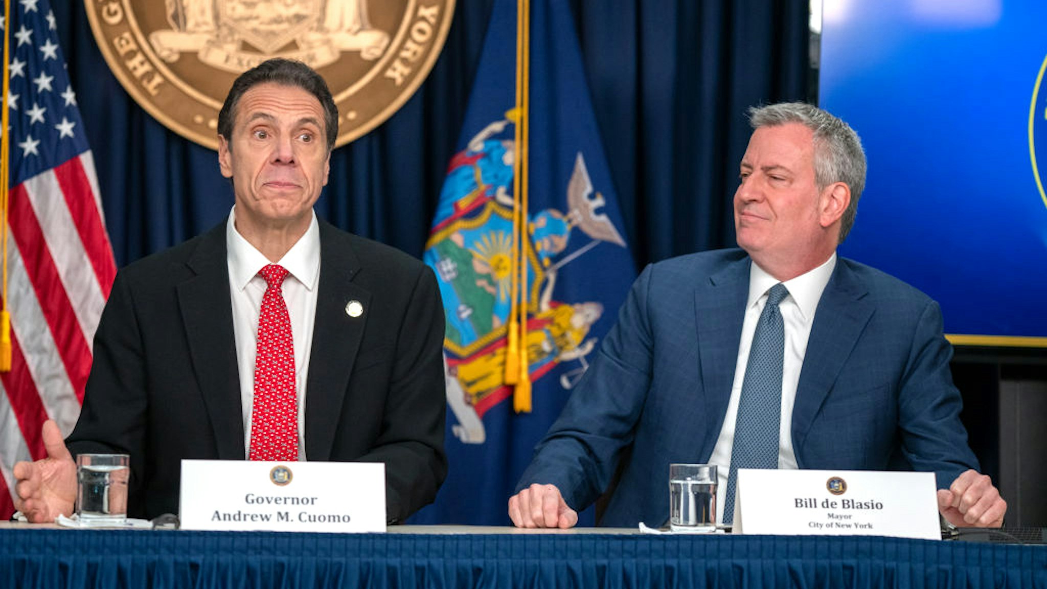 NEW YORK, NY - MARCH 2: New York state Gov. Andrew Cuomo and New York City Mayor Bill DeBlasio speak during a news conference on the first confirmed case of COVID-19 in New York on March 2, 2020 in New York City. A female health worker in her 30s who had traveled in Iran contracted the virus and is now isolated at home with symptoms of COVID-19, but is not in serious condition. Cuomo said in a statement that the patient "has been in a controlled situation since arriving to New York."