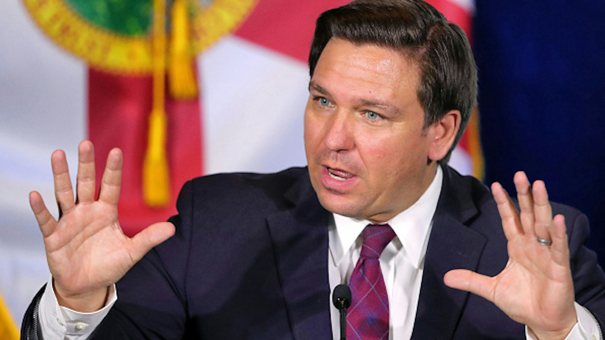 Governor Ron DeSantis delivers remarks during a roundtable discussion with theme park leaders about safety protocols and the impact of the coronavirus pandemic, Wednesday, August 26, 2020. Executives from Walt Disney World, Universal Orlando and SeaWorld Orlando participated.