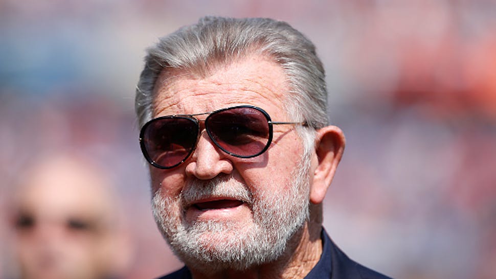 CHICAGO, IL - SEPTEMBER 10: Former Chicago Bears head coach Mike Ditka walks the sidelines during the game between the Chicago Bears and the Atlanta Falcons at Soldier Field on September 10, 2017 in Chicago, Illinois.