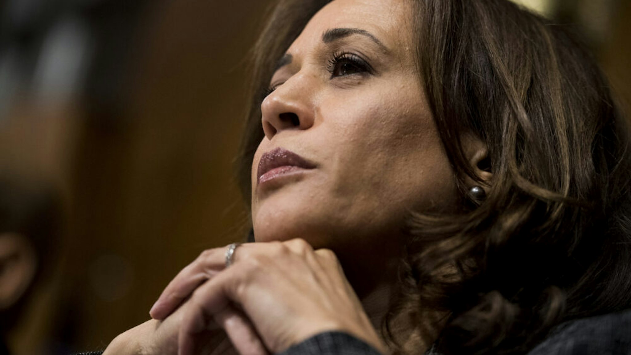 Sen. Kamala Harris, D-Calif., listens to Christine Blasey Ford testify during the Senate Judiciary Committee hearing on the nomination of Brett M. Kavanaugh to be an associate justice of the Supreme Court of the United States, on Capitol Hill September 27, 2018 in Washington, DC. A professor at Palo Alto University and a research psychologist at the Stanford University School of Medicine, Ford has accused Supreme Court nominee Judge Brett Kavanaugh of sexually assaulting her during a party in 1982 when they were high school students in suburban Maryland.