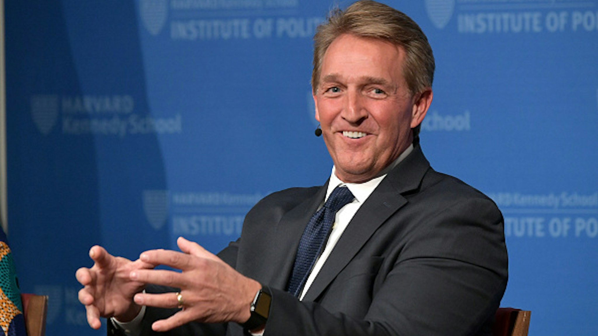 CAMBRIDGE, MA - MARCH 01: Former Arizona Senator Jeff Flake speaks at the Harvard Kennedy School of Government in a program titled 'Strengthening Democratic Institutions' at Harvard University on March 1, 2019 in Cambridge, Massachusetts.