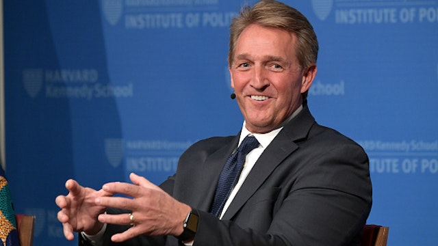 CAMBRIDGE, MA - MARCH 01: Former Arizona Senator Jeff Flake speaks at the Harvard Kennedy School of Government in a program titled 'Strengthening Democratic Institutions' at Harvard University on March 1, 2019 in Cambridge, Massachusetts.
