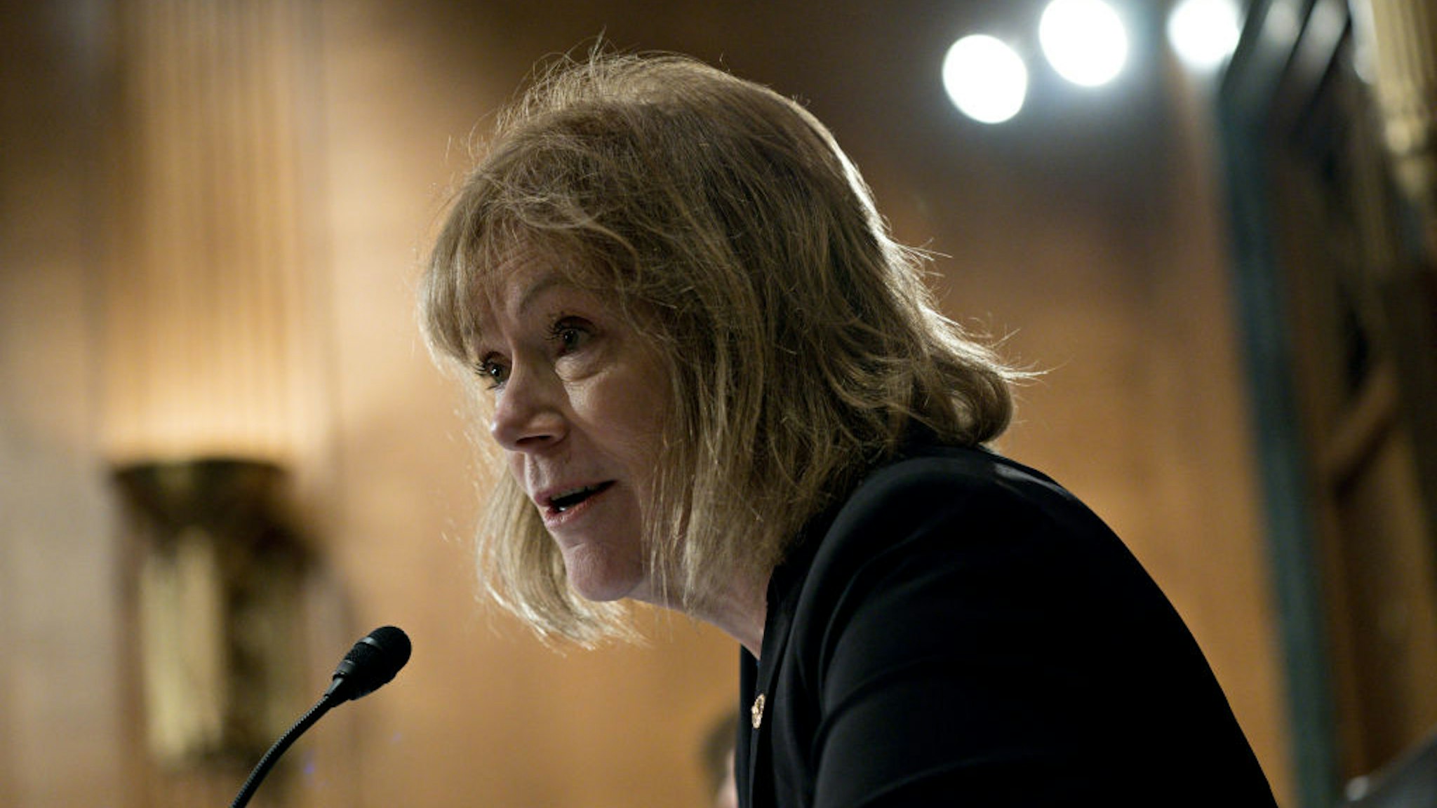 Senator Tina Smith, a Democrat from Minnesota, questions witnesses during a Senate Banking Committee hearing in Washington, D.C., U.S., on Tuesday, Sept. 10, 2019