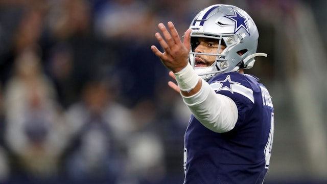 Dak Prescott #4 of the Dallas Cowboys reacts after throwing an incomplete pass against the Minnesota Vikings in the fourth quarter at AT&amp;T Stadium on November 10, 2019 in Arlington, Texas.