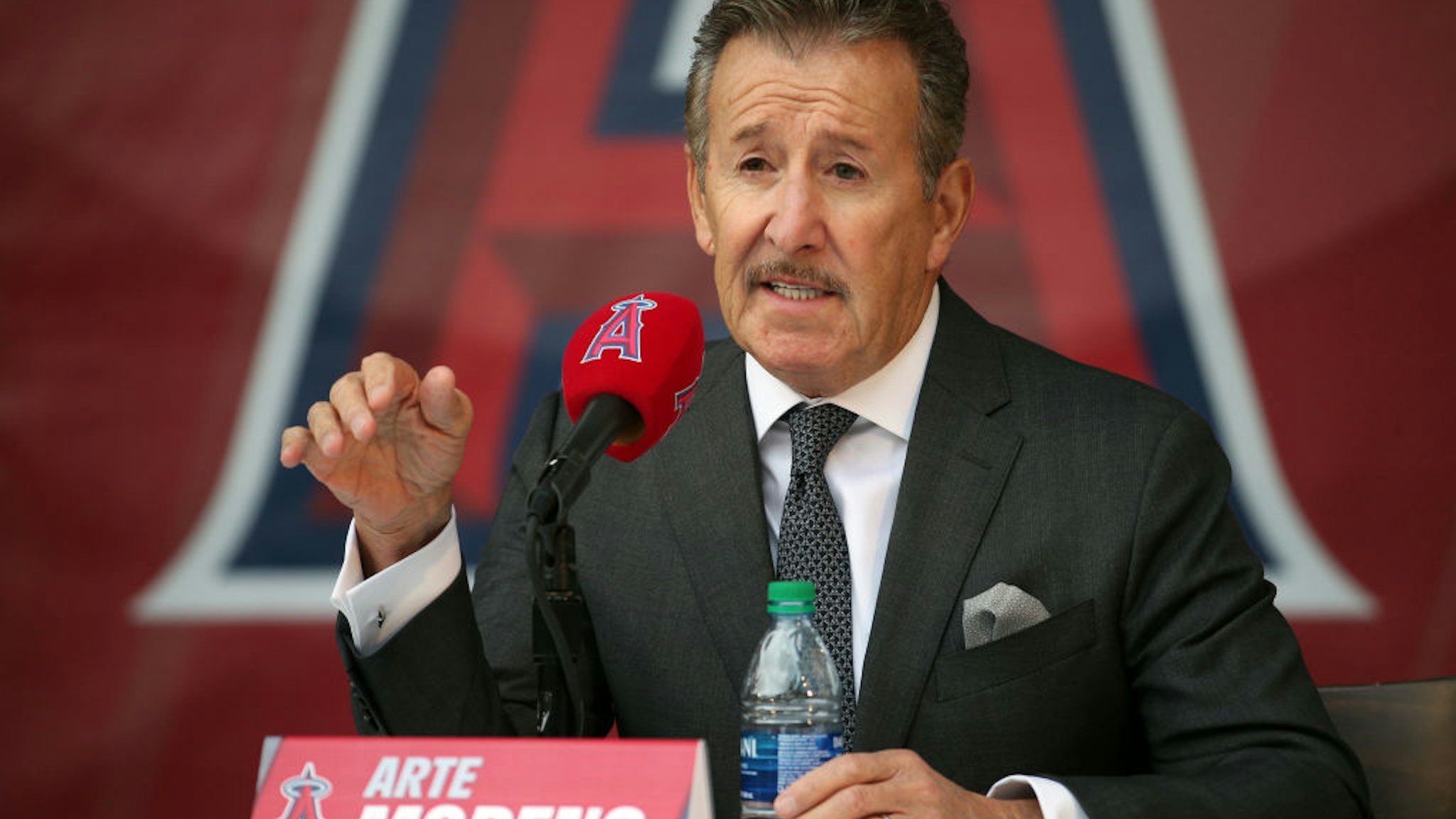 Los Angeles Angels owner Arte Moreno answers questions during a press conference to introduce Anthony Rendon at Angel Stadium of Anaheim on December 14, 2019 in Anaheim, CA.
