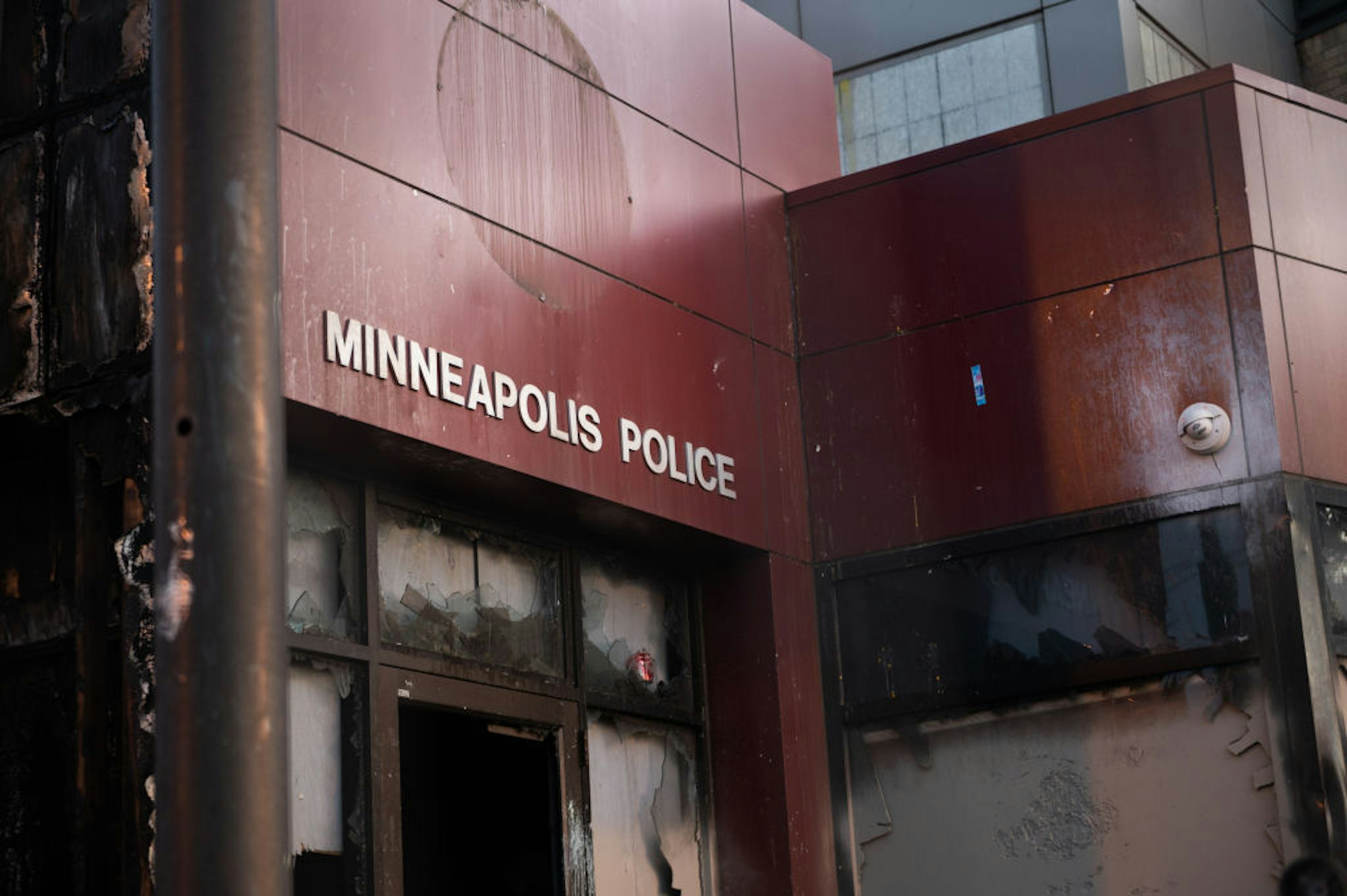 The 3rd Precinct Police Station was abandoned by police and protestors took destroying it and raiding it after one of Minneapolis' police officers killed an African-American man named George Floyd in Minneapolis, United States, on May 29, 2020. Protests continued following the death of George Floyd, who died after being restrained by Minneapolis police officers on Memorial Day. (Photo by Zach D Roberts/NurPhoto via Getty Images)