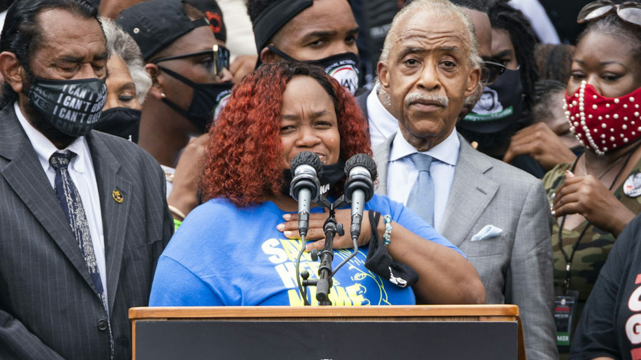 Tamika Palmer reacts while speaking about her daughter Breonna Taylor, who police shot in her apartment in Kentucky, during the "Get Your Knee Off Our Necks" March on Washington in Washington, D.C., U.S., on Friday, Aug. 28, 2020.