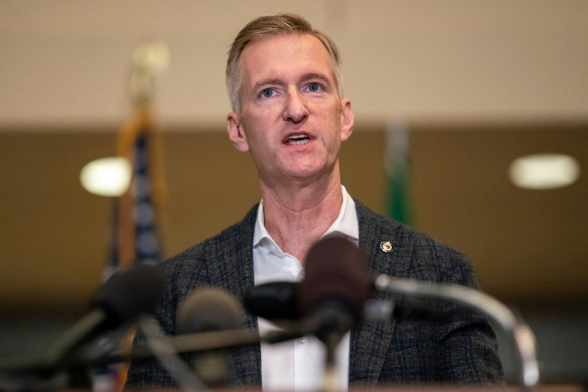 Portland Mayor Ted Wheeler speaks to the media at City Hall on August 30, 2020 in Portland, Oregon.