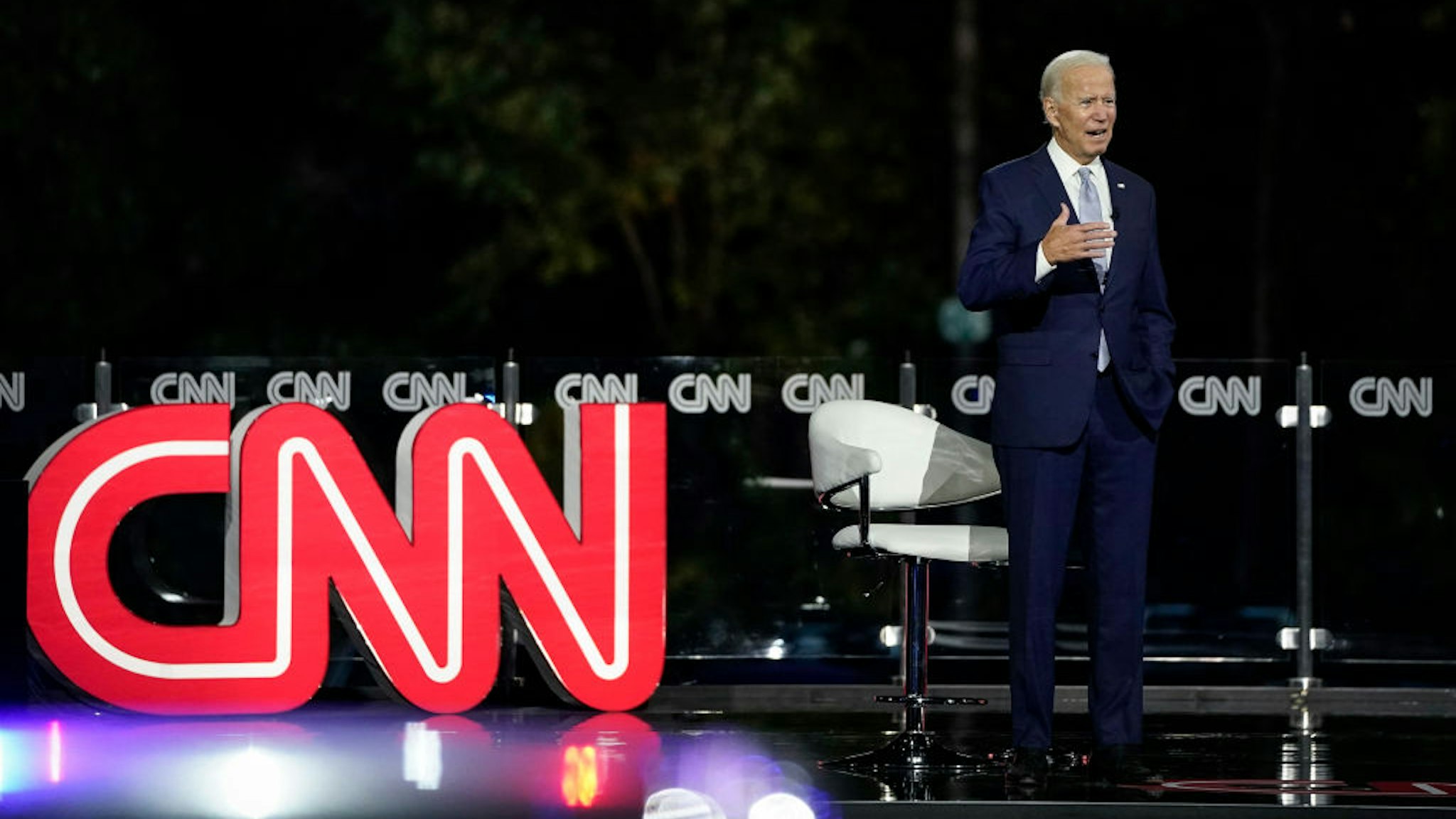 Democratic presidential nominee and former Vice President Joe Biden participates in a CNN town hall event on September 17, 2020 in Moosic, Pennsylvania.
