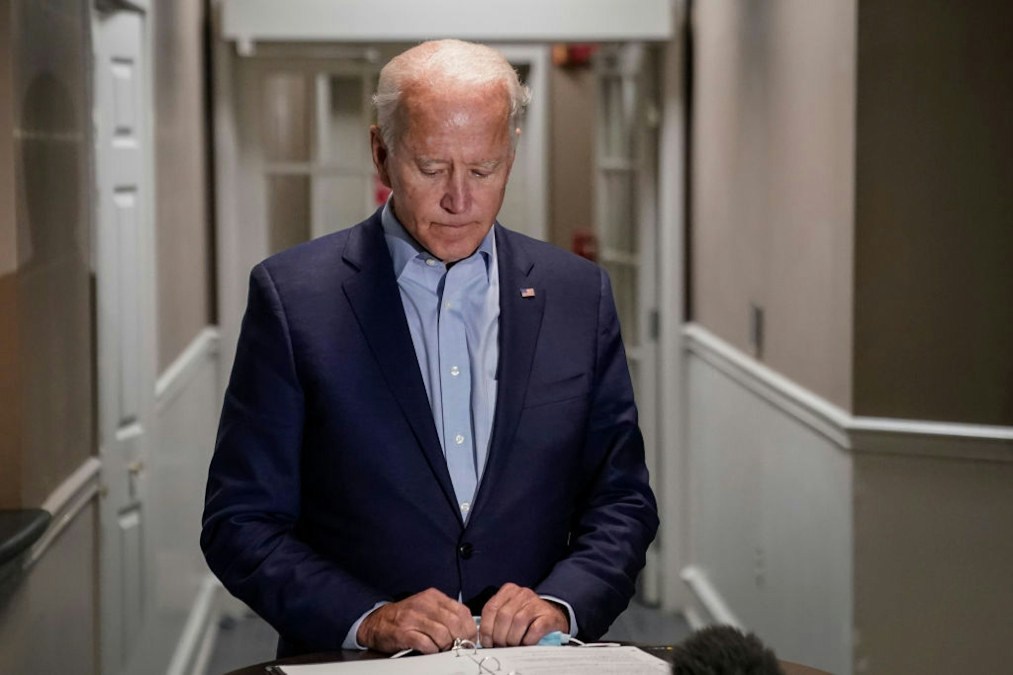 Democratic presidential nominee and former Vice President Joe Biden speaks to reporters about the passing of Supreme Court Justice Ruth Bader Ginsburg upon arrival at New Castle County Airport after a trip to Duluth, Minnesota on September 18, 2020 in New Castle, Delaware.