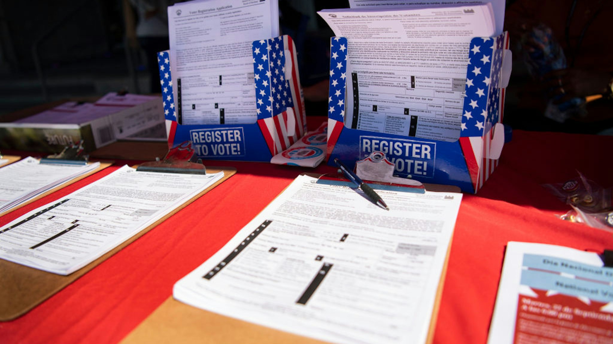 The DC Board of Elections hosts the event Vote Safe DC campaign that encourages residents to utilize voter mail-in ballots for the upcoming elections in response to the coronavirus outbreak, outside of The Anthem in Washington on Monday, Sept. 21, 2020.