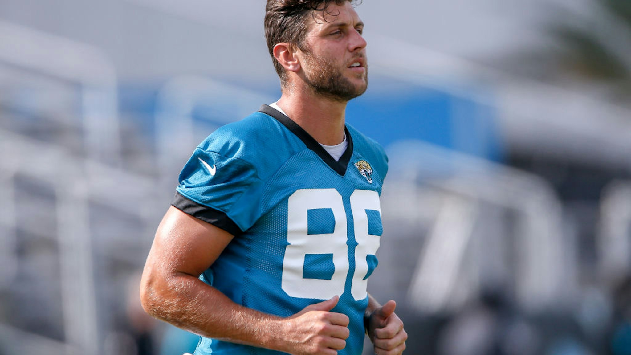 Tight End Tyler Eifert #88 of the Jacksonville Jaguars works out during training camp at Dream Finders Home Practice Fields on August 12, 2020 in Jacksonville, Florida.
