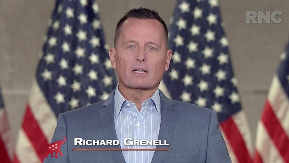 In this screenshot from the RNC’s livestream of the 2020 Republican National Convention, Former Acting Director of National Intelligence and current Republican National Committee senior advisor Richard Grenell addresses the virtual convention on August 26, 2020. The convention is being held virtually due to the coronavirus pandemic but will include speeches from various locations including Charlotte, North Carolina and Washington, DC.