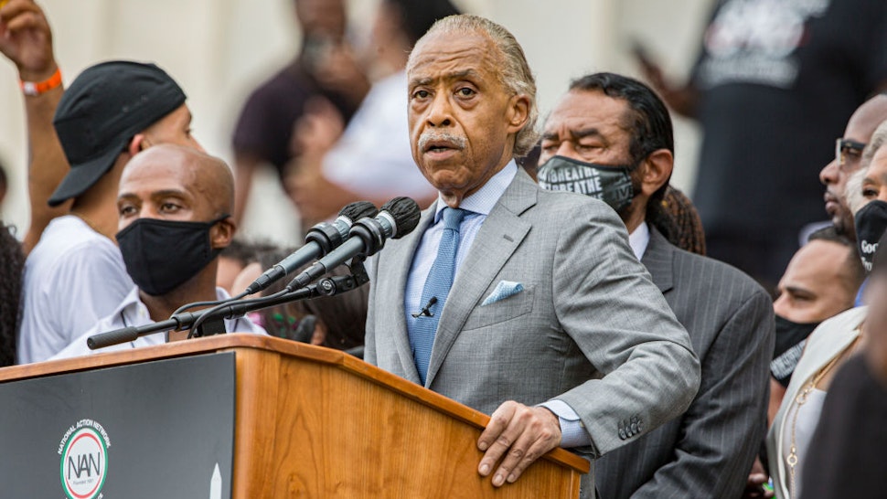 WASHINGTON, DC - AUGUST 28: Rev. Al Sharpton speaks at the 2020 March on Washington, officially known as the “Commitment March: Get Your Knee Off Our Necks,” at the Lincoln Memorial on August 28, 2020 in Washington, DC. The march coincides with the 57th anniversary of Martin Luther King, Jr.’s March on Washington, where he delivered his “I Have A Dream” speech in 1963. (Photo by Daniel Knighton/Getty Images)