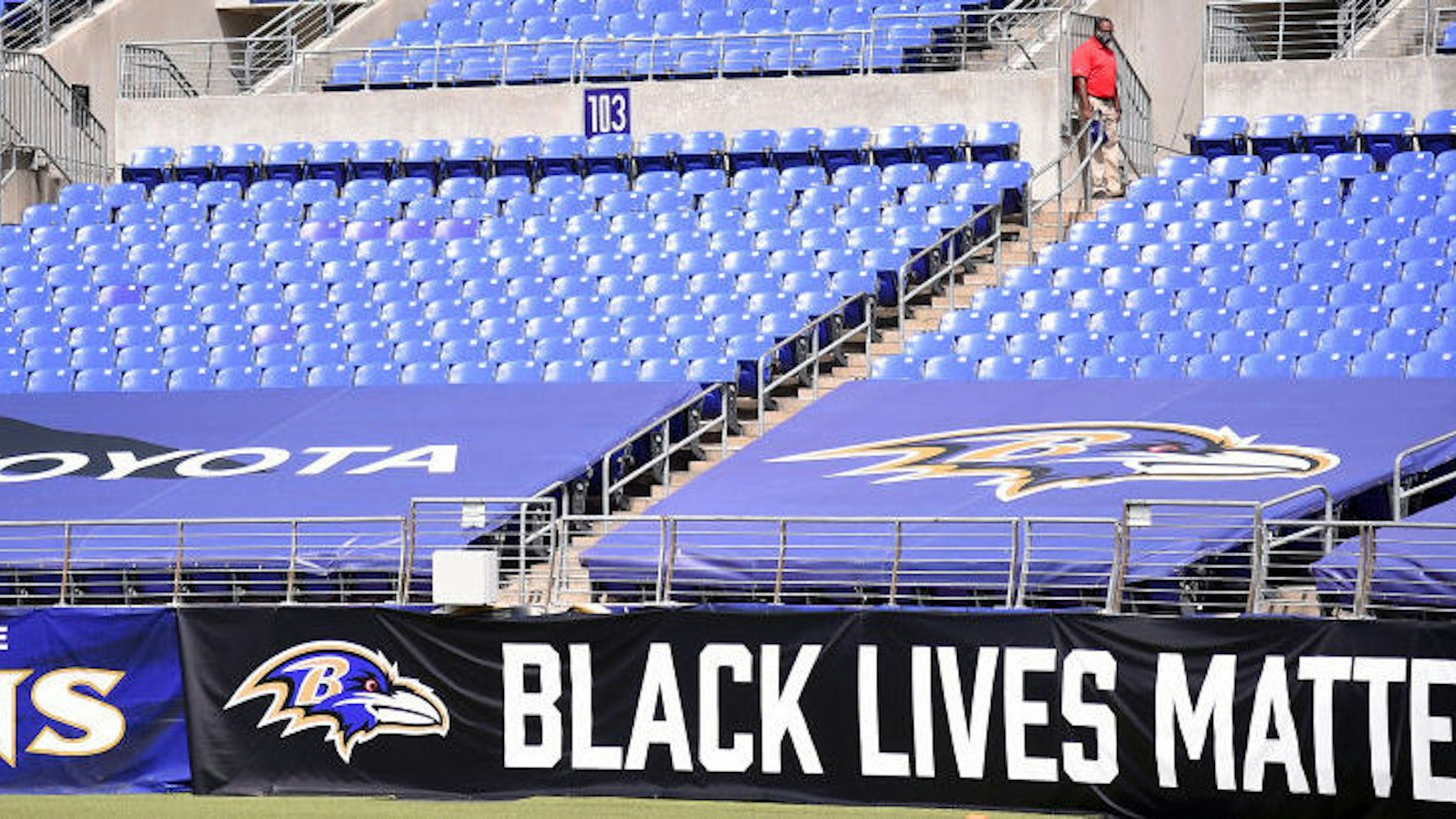 A Black Lives Matter banner is seen during the first half of the game between the Baltimore Ravens and the Cleveland Browns at M&T Bank Stadium on September 13, 2020 in Baltimore, Maryland.