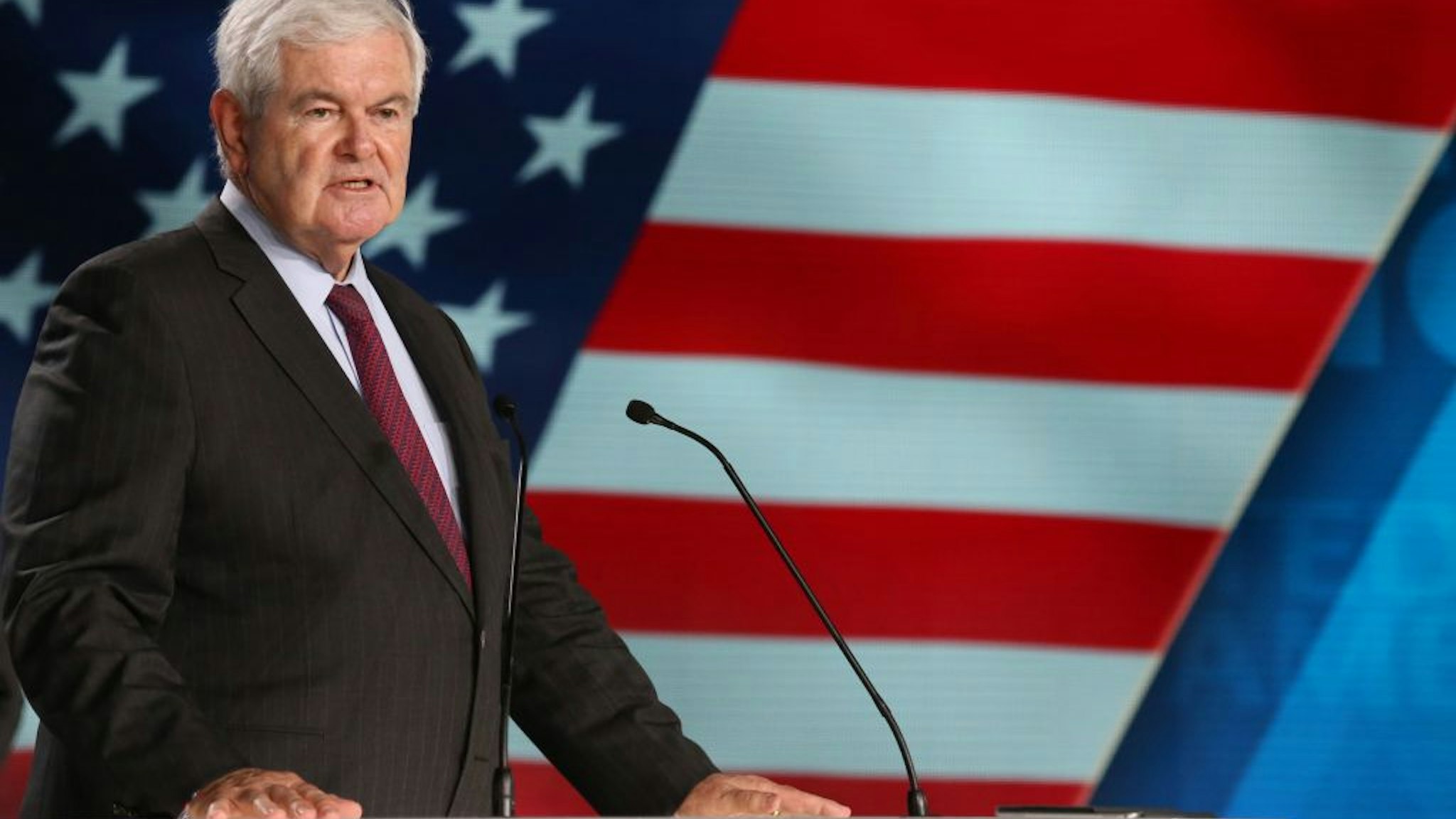 Newt Gingrich, former US Speaker of the House attends "Free Iran 2018 - the Alternative" event organized by exiled Iranian opposition group on June 30, 2018 in Villepinte, north of Paris.