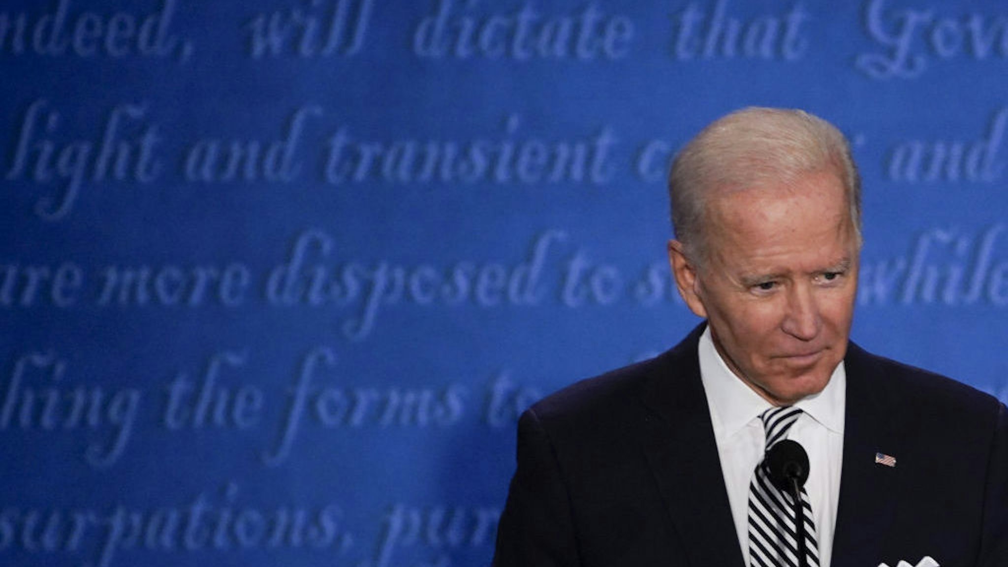 Joe Biden, 2020 Democratic presidential nominee, pauses during the first U.S. presidential debate hosted by Case Western Reserve University and the Cleveland Clinic in Cleveland, Ohio, U.S., on Tuesday, Sept. 29, 2020. Trump and Biden kick off their first debate with contentious topics like the Supreme Court and the coronavirus pandemic suddenly joined by yet another potentially explosive question -- whether the president ducked paying his taxes. Photographer: Matthew Hatcher/Bloomberg