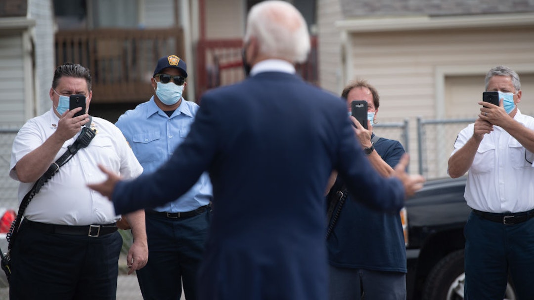 Democratic presidential nominee former US Vice President Joe Biden speaks as he makes a stop to deliver pizzas to Pittsburgh Firefighters Local Number 1 in Pittsburgh, Pennsylvania, August 31, 2020. (Photo by SAUL LOEB / AFP) (Photo by SAUL LOEB/AFP via Getty Images)