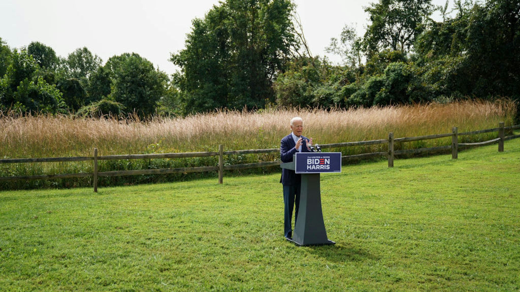 Democratic presidential nominee Joe Biden speaks about climate change and the wildfires on the West Coast at the Delaware Museum of Natural History on September 14, 2020 in Wilmington, Delaware. Biden has scheduled campaign stops in Florida, Pennsylvania and Minnesota later this week. (Photo by Drew Angerer/Getty Images)