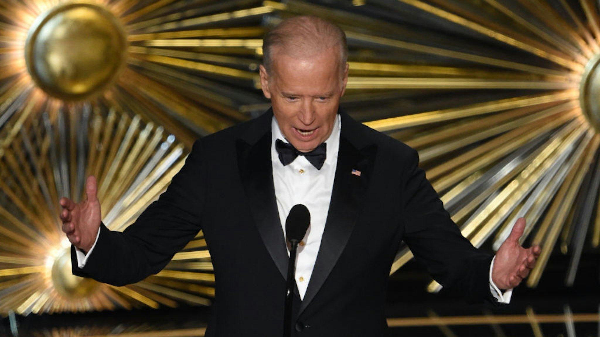 In this file photo US Vice President Joe Biden speaks on stage at the 88th Oscars on February 28, 2016 in Hollywood. - From Tom Hanks to Scarlett Johansson, Hollywood A-listers determined to see President Donald Trump defeated are badly split over the best Democratic candidate to back with their silver-screen dollars. (Photo by Mark RALSTON / AFP)