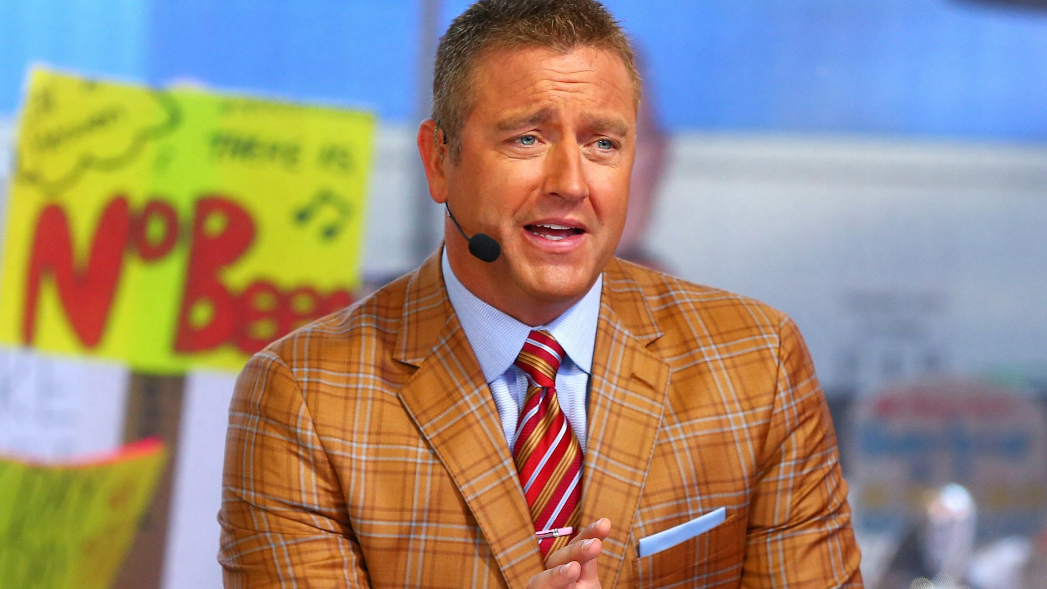 NEW YORK, NY - SEPTEMBER 23: GameDay host Kirk Herbstreit is seen during ESPN's College GameDay show at Times Square on September 23, 2017 in New York City.
