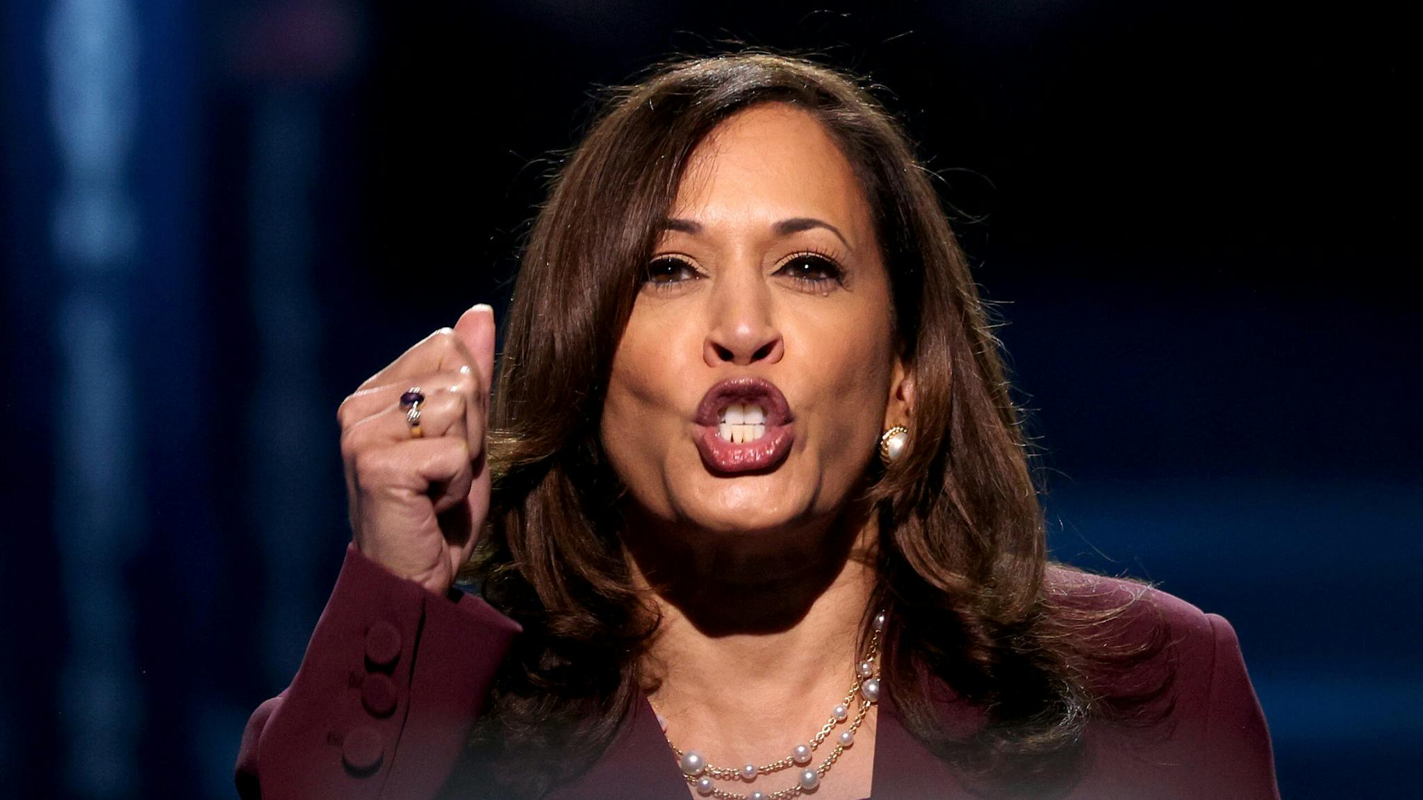 Vice Presidential Nominee Kamala Harris Addresses Virtual DNC From Delaware WILMINGTON, DELAWARE - AUGUST 19: Democratic vice presidential nominee U.S. Sen. Kamala Harris (D-CA) speaks on the third night of the Democratic National Convention from the Chase Center August 19, 2020 in Wilmington, Delaware. The convention, which was once expected to draw 50,000 people to Milwaukee, Wisconsin, is now taking place virtually due to the coronavirus pandemic. Harris is the first African-American, first Asian-American, and third female vice presidential candidate on a major party ticket.