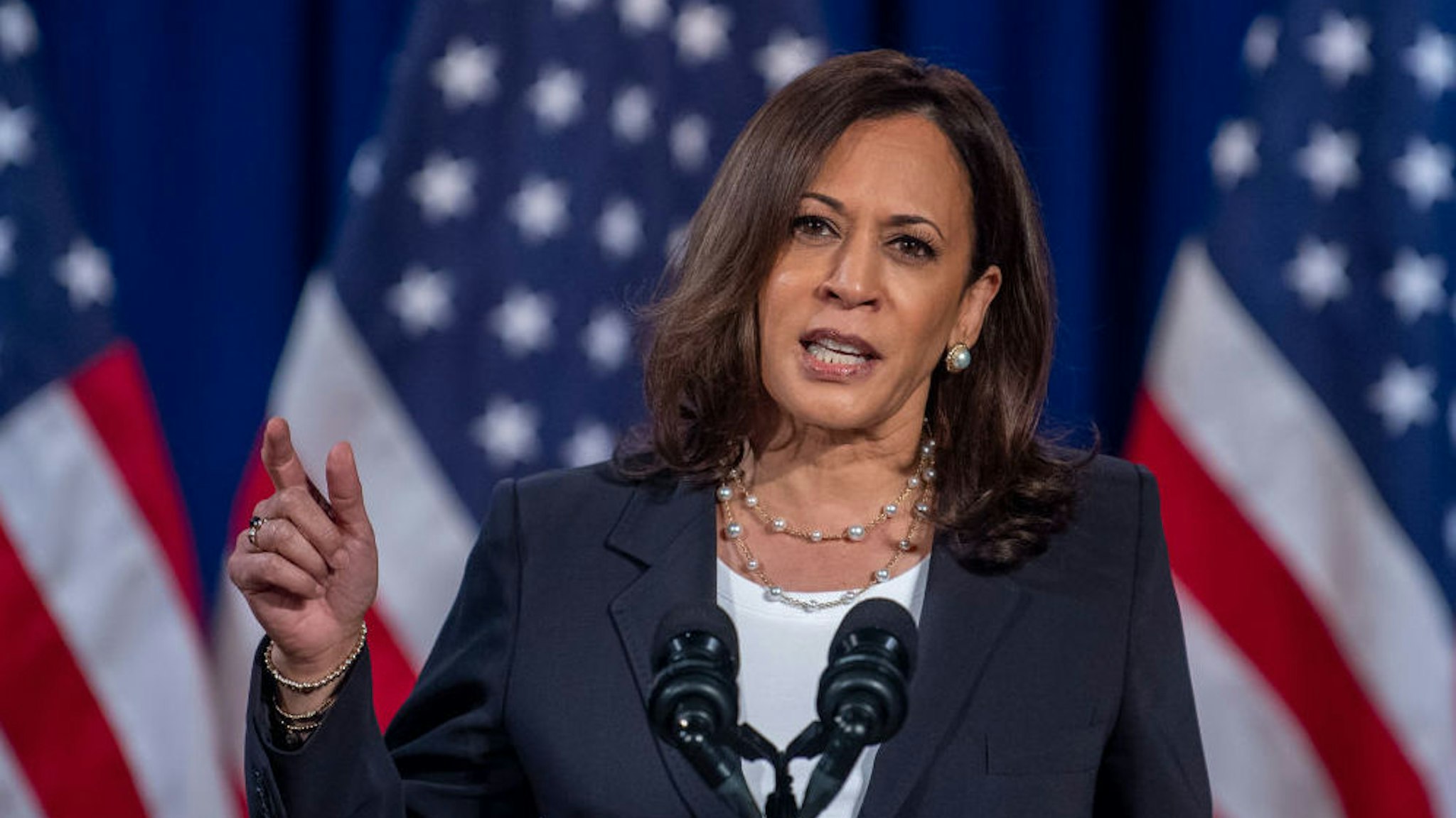 US Democratic vice presidential nominee and Senator from California, Kamala Harris, speaks on the administration of US President Donald Trump failures to contain Covid-19, in Washington, DC, on August 27, 2020