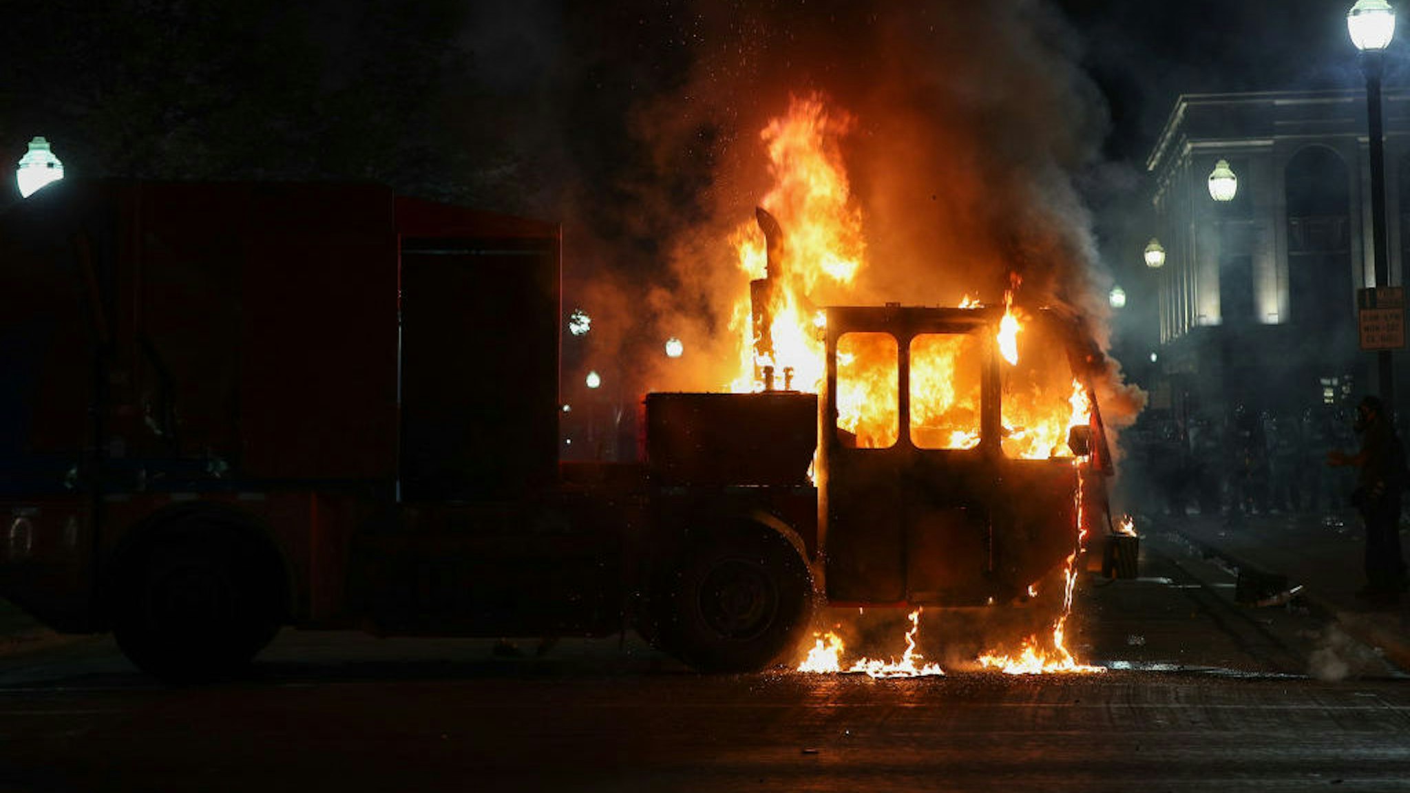 Jacob Blake protesters lit cleaning truck on fire in Kenosha, Wisconsin, United States on August 24, 2020. A police shooting in the US state of Wisconsin sent a Black man into serious condition on Sunday, with the video footage of the incident triggering outrage. (Photo by Tayfun Coskun/Anadolu Agency via Getty Images)