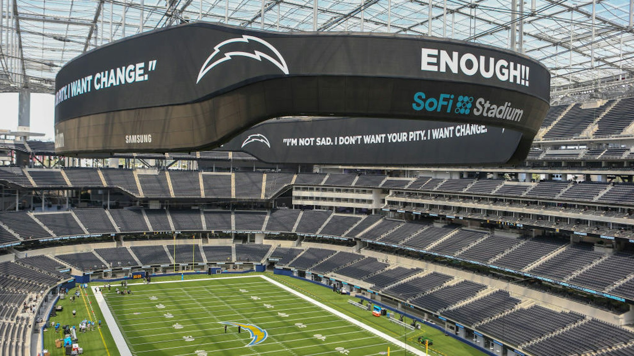 SoFi Stadium upper view of scoreboard before the Los Angeles Chargers boycott scrimmage on August 27, 2020, at SoFi Stadium in Inglewood, CA. (Photo by Jevone Moore/Icon Sportswire via Getty Images)