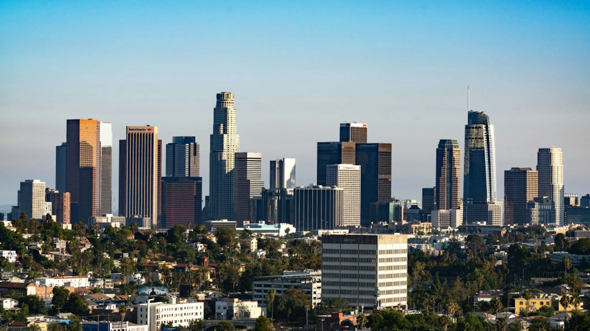 A general view of the Downtown Los Angeles skyline on July 24, 2020 in Los Angeles, California. (Photo by AaronP/Bauer-Griffin/GC Images)
