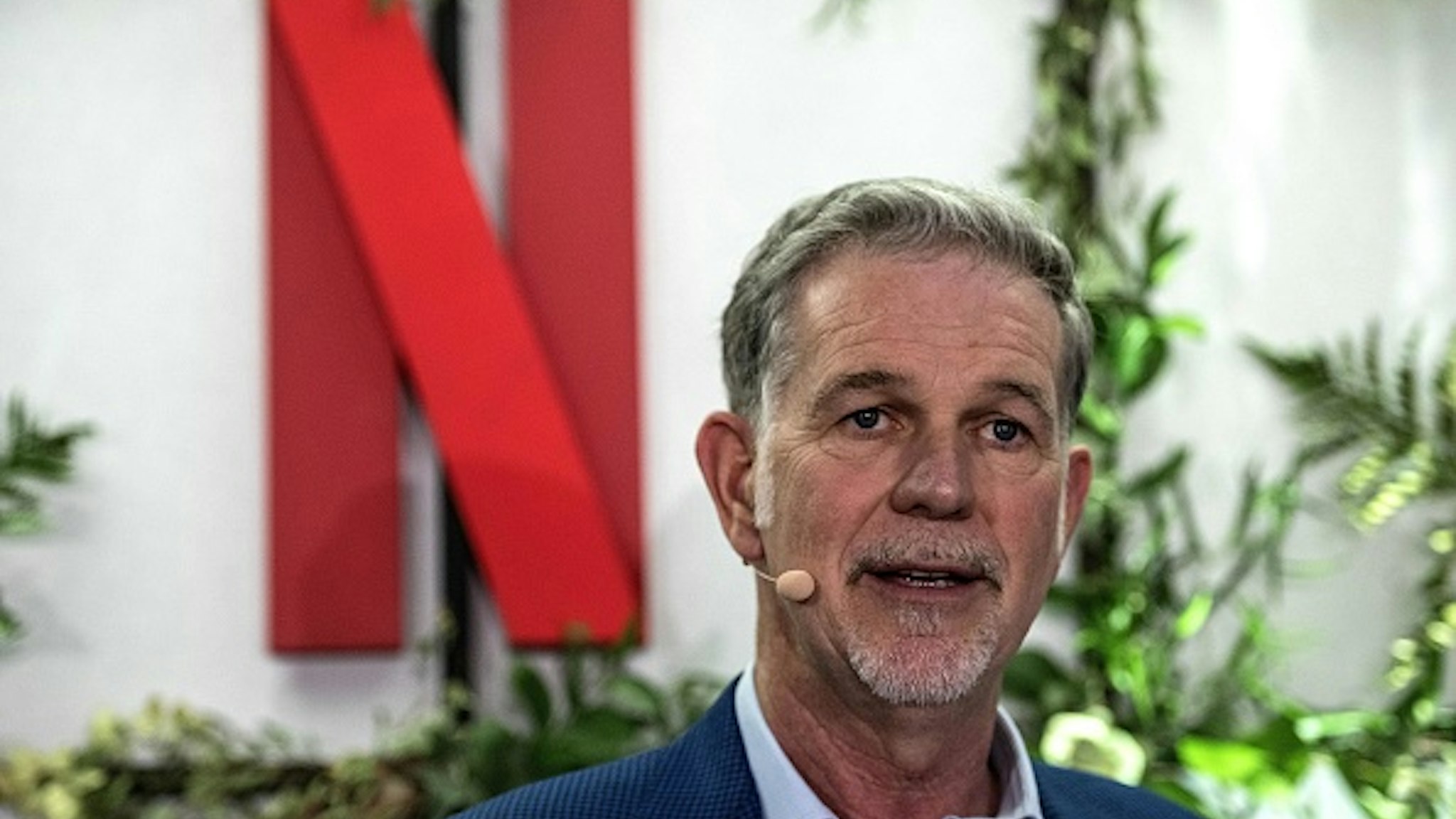 Co-founder and director of Netflix Reed Hastings delivers a speech as he inaugurates the new offices of Netflix France, in Paris on January 17, 2020. - Hastings announced some 20 French projects by Netflix on January 17, 2020.