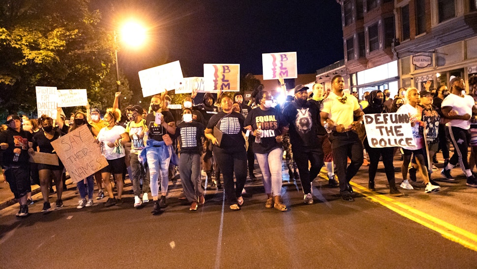 Activists in Rochester, New York, US, on September 3, 2020 protest after the death of Daniel Prude who died earlier this year as new information comes out about his death at the hands of police.