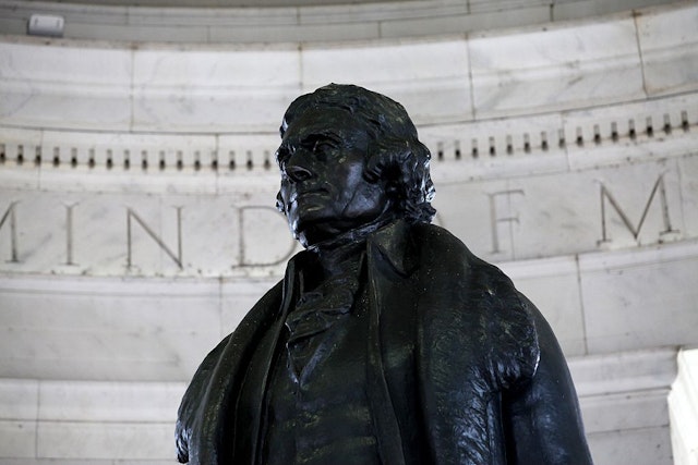 WASHINGTON - APRIL 10: Rudulph Evans' Thomas Jefferson statue sits inside the rotunda of the Thomas Jefferson Memorial on April 10, 2015 in Washington, D.C. (Photo By Raymond Boyd/Getty Images)
