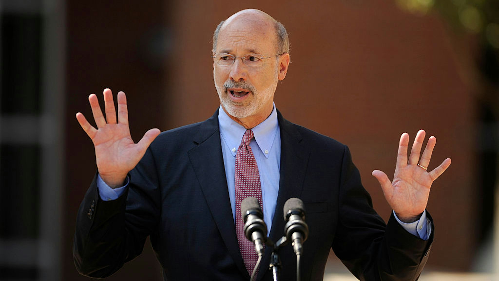 Gov. Tom Wolf speaks in front of Bellefonte Area High School on July 13, 2015 in Bellefonte, Pa. Gov. Wolf visited the school to talk about the Pennsylvania budget. (Nabil K. Mark/Centre Daily Times/Tribune News Service via Getty Images)